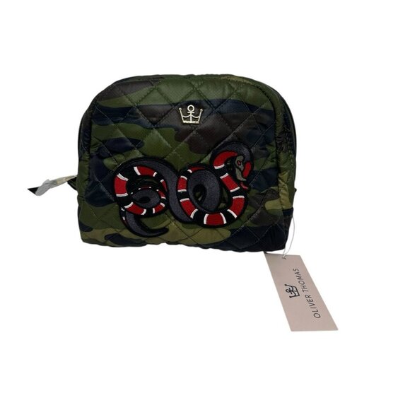 OLIVER THOMAS quilted Makeup Bag Cosmetic case Medium camo with snake patch NWT - Picture 2 of 7